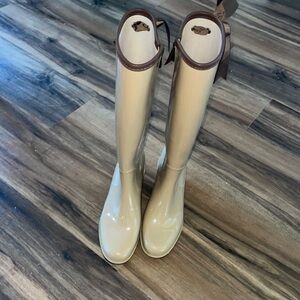 Tan Women's Tall Wedge Rain Boots with Bow